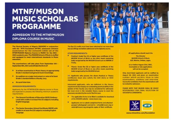 See how to Register for MTNF/MUSON Music Scholars Programme 2021